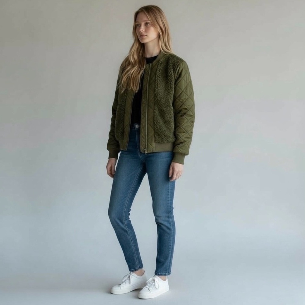 Dear John-Vanessa-Pine Green Quilted, Sherpa, Bomber Jacket-Women’s Small